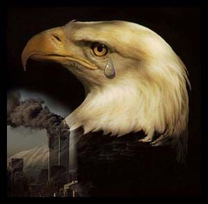 Example of 9/11 e-lore: image of crying eagle with the World Trade Center Towers burning in the background